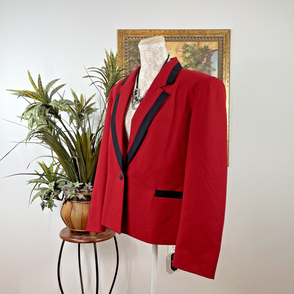 Vintage Joyce Sportswear Womens Blazer Size 12 Red Black Trim Wool USA Career - Picture 4 of 9